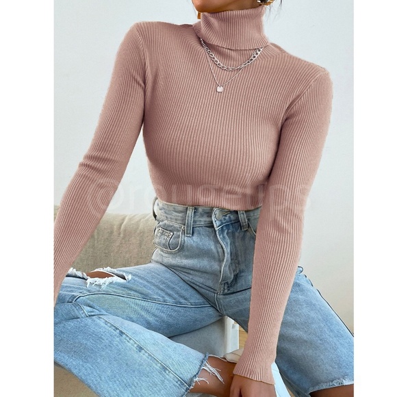 Dusty Pink Sweater Top Rib-Knit High Neck Turtleneck Long Sleeve - Picture 2 of 8